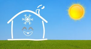 Image is an illustration of a hot summer day with a happy air conditioned home on a green lawn.