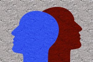 Image is two heads, one in blue and one in red, facing away from each other. Image is two heads, one in blue and one in red, facing away from each other.